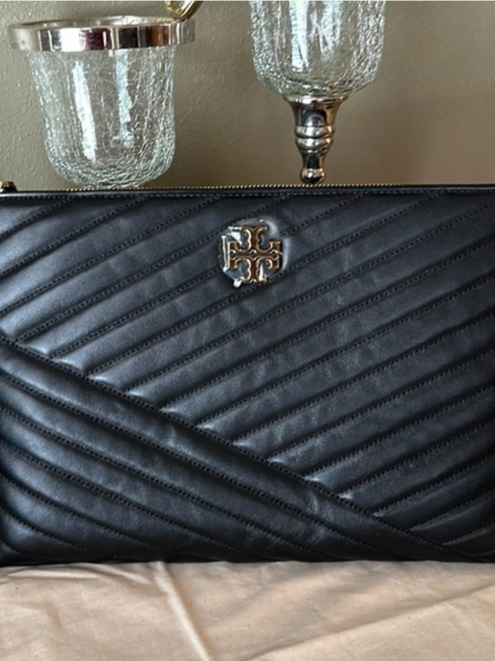 Tory Burch Black Quilted Chevron Pouch with Gold Logo